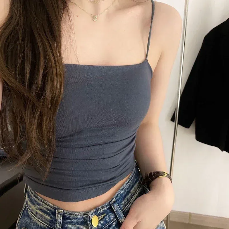 Sólido all-match plissado sling colete cinta almofada de peito roupa interior fino ajuste emagrecimento curto gyaru roupa exterior topo
