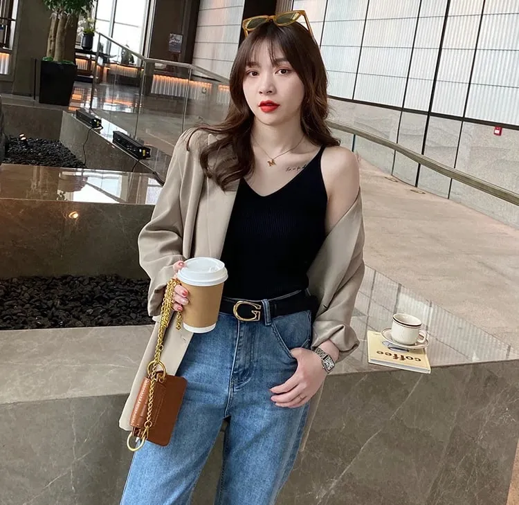 Coreia do verão topos novo sólido com decote em v elástico de malha suspender camis tanques roupas básicas camisa feminina