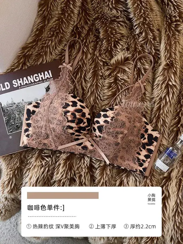 Conjunto de lingerie feminina leopardo renda 32-38ab sem fio push up sutiã lateral suporte de peito anti-sag sexy puro desejo roupa interior
