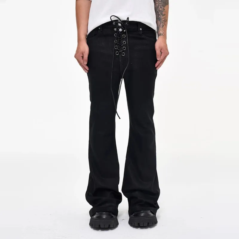 Vintage batik revestimento preto fino ajuste alargamento jeans elasticidade fita estiramento y2k streetwear casual magro sino inferior jeans — image 2
