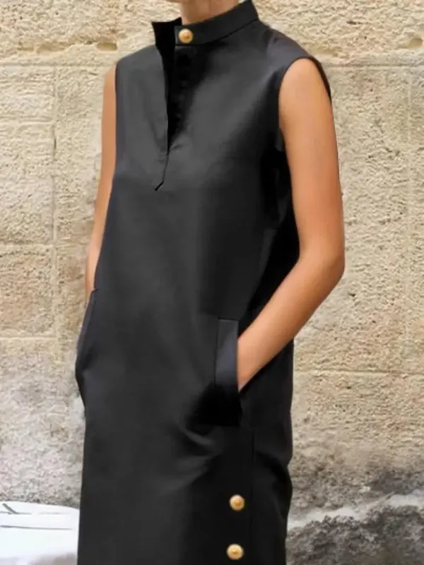 Yeezzi moda feminina split-side abotoado gola vestidos de noite 2026 nova sem mangas cor sólida linha h camisas casuais vestido