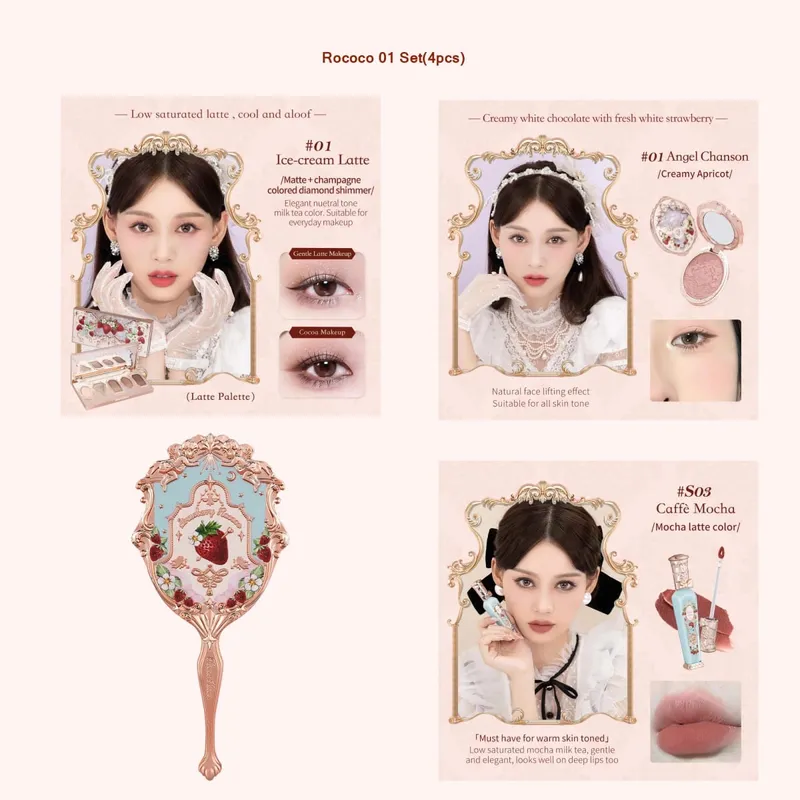 Flor sabe morango rococó série conjunto de maquiagem glitter fosco sombra paleta blush power veludo batom kit perfume conjunto