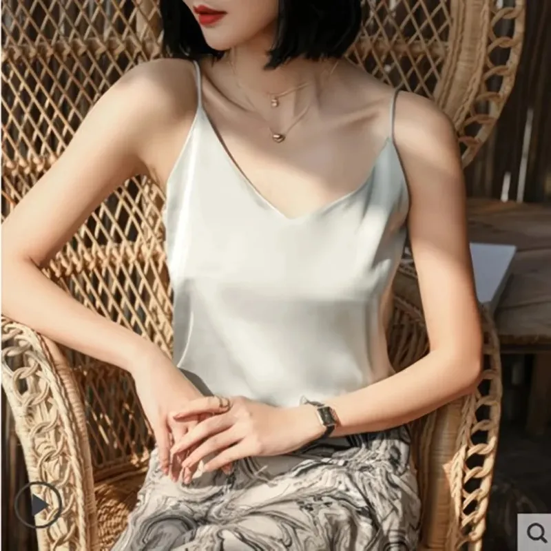 2026 Spaghetti Strap Top Women Halter V Neck Basic White Cami Sleeveless Satin Silk Tank Tops Women's Summer Camisole Crop Top — image 8