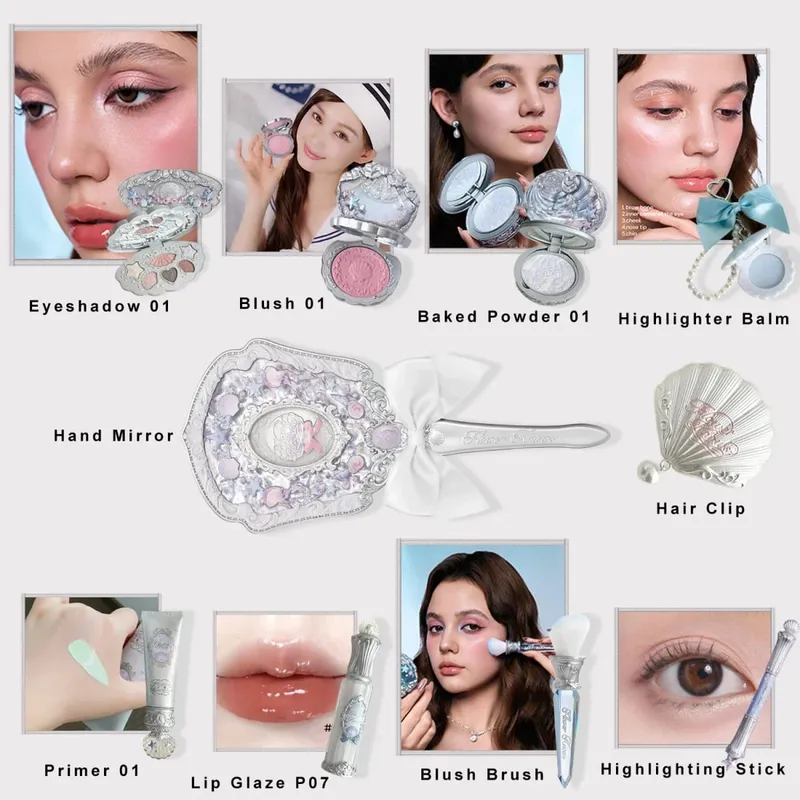 Conjunto de pérolas Flower Knows SShell Sombra Lip Gloss Blush Ocean Theme Kit de cosméticos