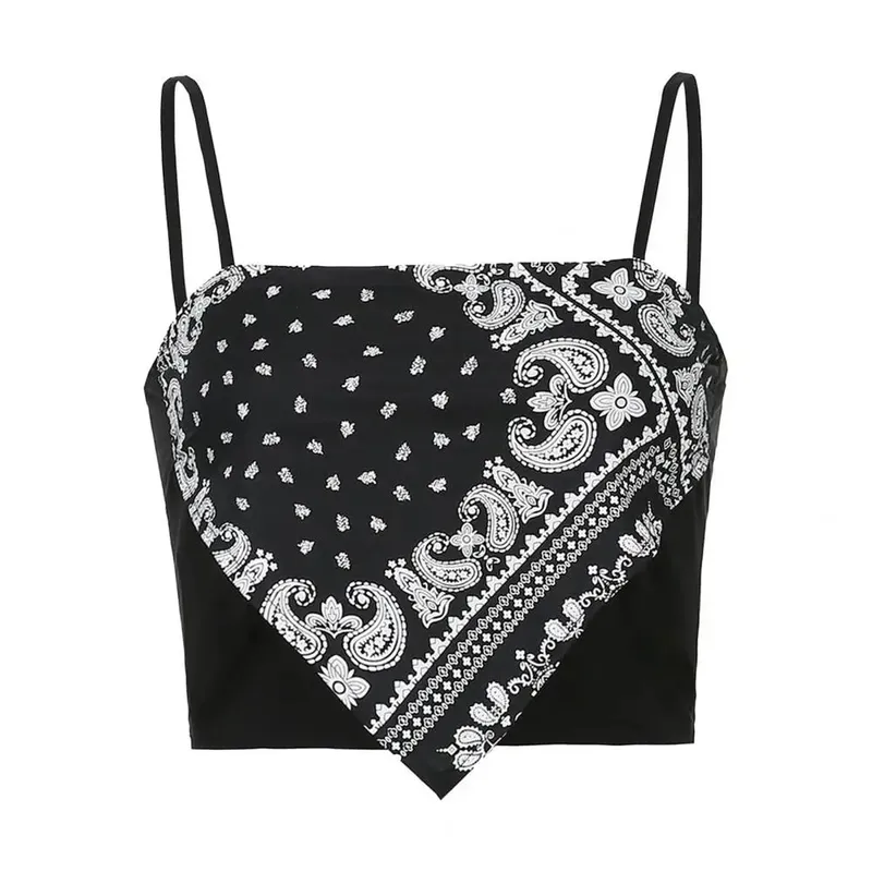 Spaghetti Strap Tank Top Sexy Backless Camisole Printed Blouse Summer Elegant Party Women Camis Korean Style Sexy Short Top