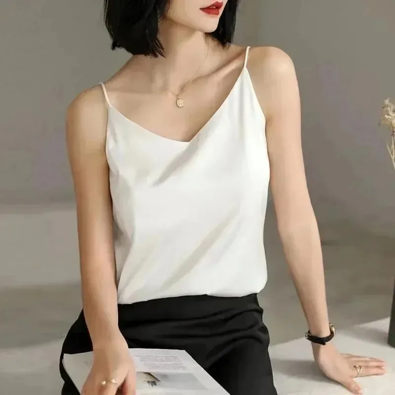 2026 Spaghetti Strap Top Women Halter V Neck Basic White Cami Sleeveless Satin Silk Tank Tops Women's Summer Camisole Crop Top — image 5