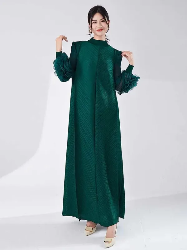 Vestido longo plissado com mangas babados, solto, cor sólida, costura, roupas femininas para festa, verão, roupas novas 2da5900