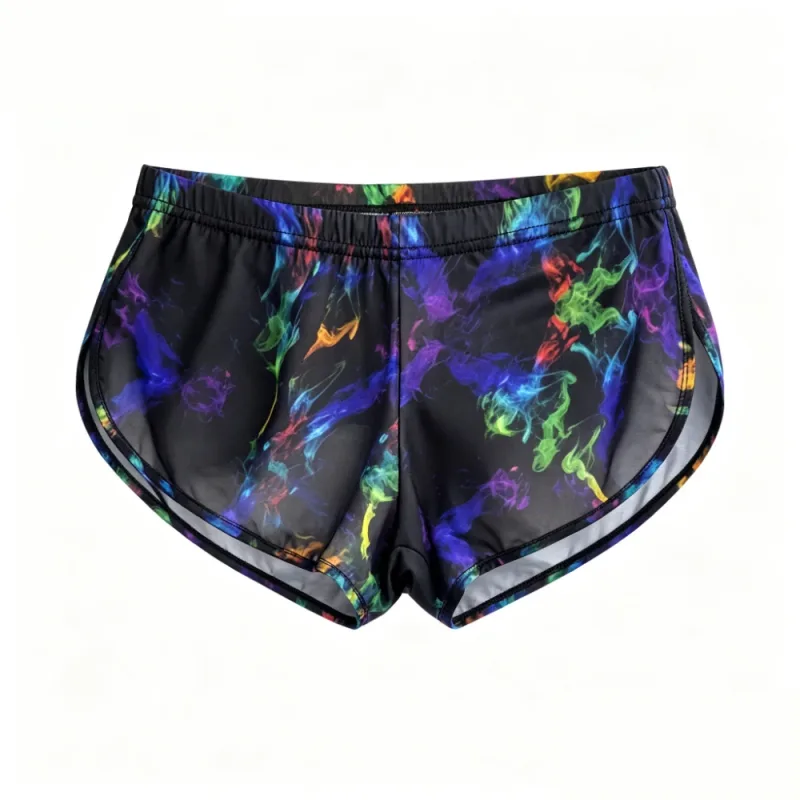 Homens Galaxy Smoke Print Split Hem Troncos de seda gelo Low Rise Quick Dry Slim Lounge Shorts Leve Roupa íntima respirável para academia
