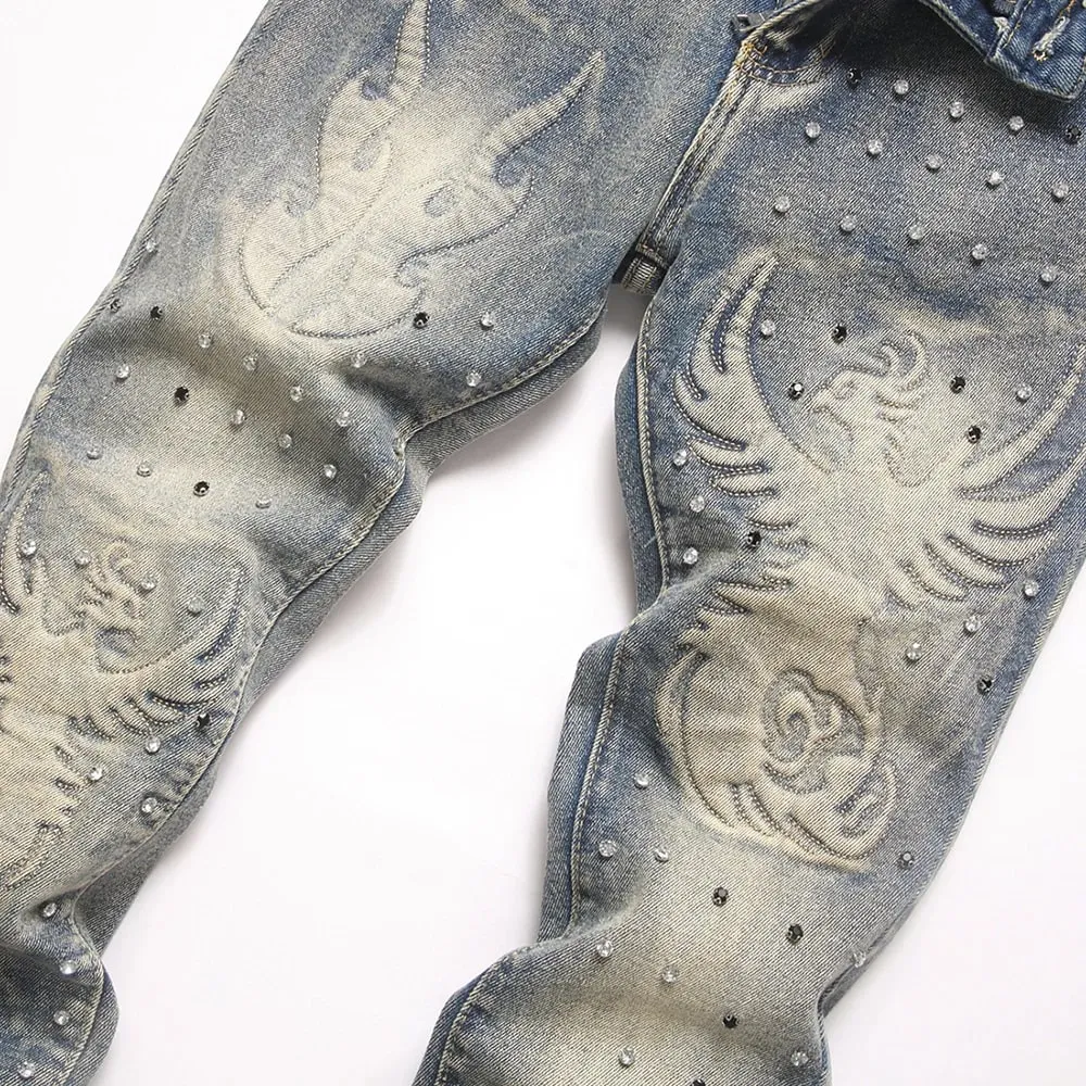 Calça jeans masculina vintage bootcut, calça jeans estilo totem em relevo retrô azul stretch elastano slim