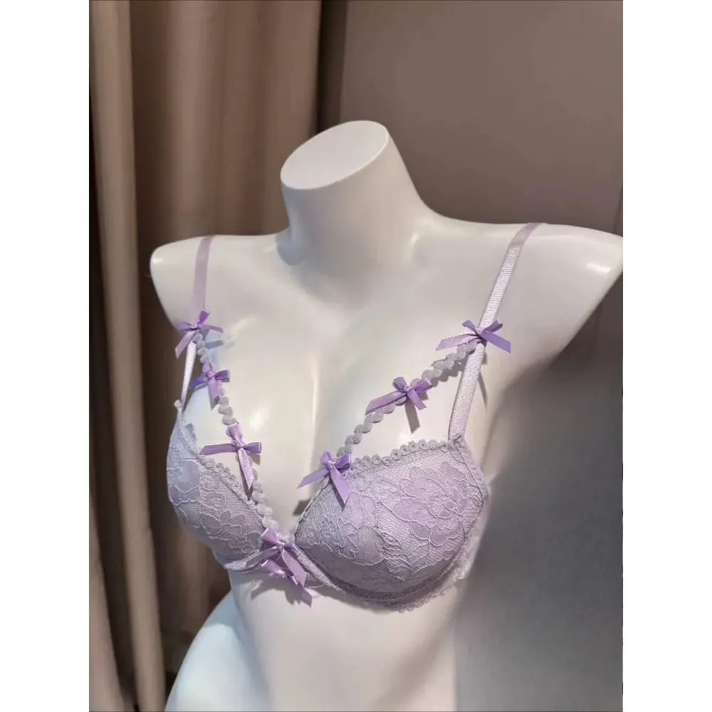 Conjunto de sutiã halter roxo com alça cruzada, detalhe de borboleta, kit de lingerie push up elegante para mulheres, conforto macio, uso diário
