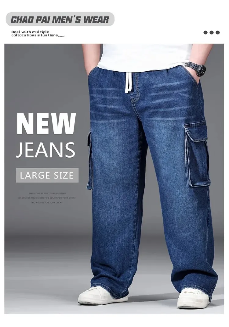 2026 novos homens calças de brim de grandes dimensões cintura alta elástico cordão estiramento baggy denim calças casuais versátil plus size