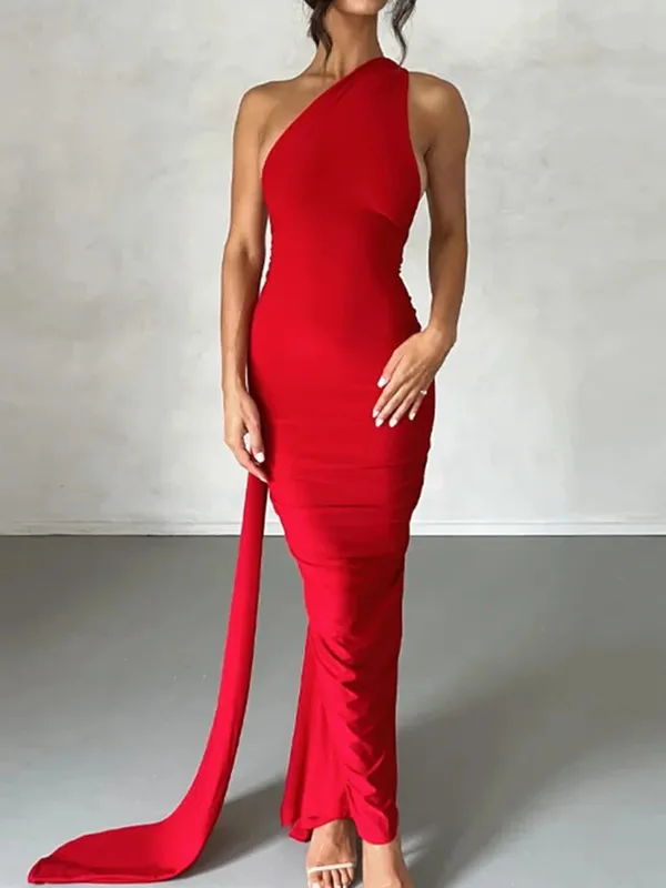 Neon Y2K Clothes One Shoulder Sleeveless Backless Ruched Bodycon Maxi Dresses For Women Club Birthday Party Evening Prom