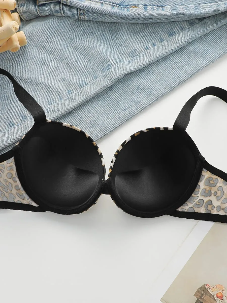 Conjunto de 2 peças com estampa de leopardo sexy com levantamento reunido e conjunto de sutiã de suporte de aço espessado para roupas íntimas femininas B2051