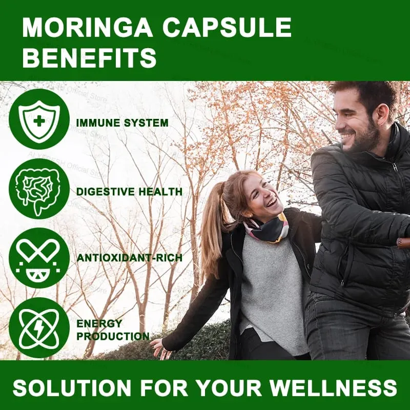 Cápsulas de Moringa apoiam os níveis de energia Sistema imunológico e saúde digestiva Mantêm a saúde dos ossos e dentes Poderoso antioxidante