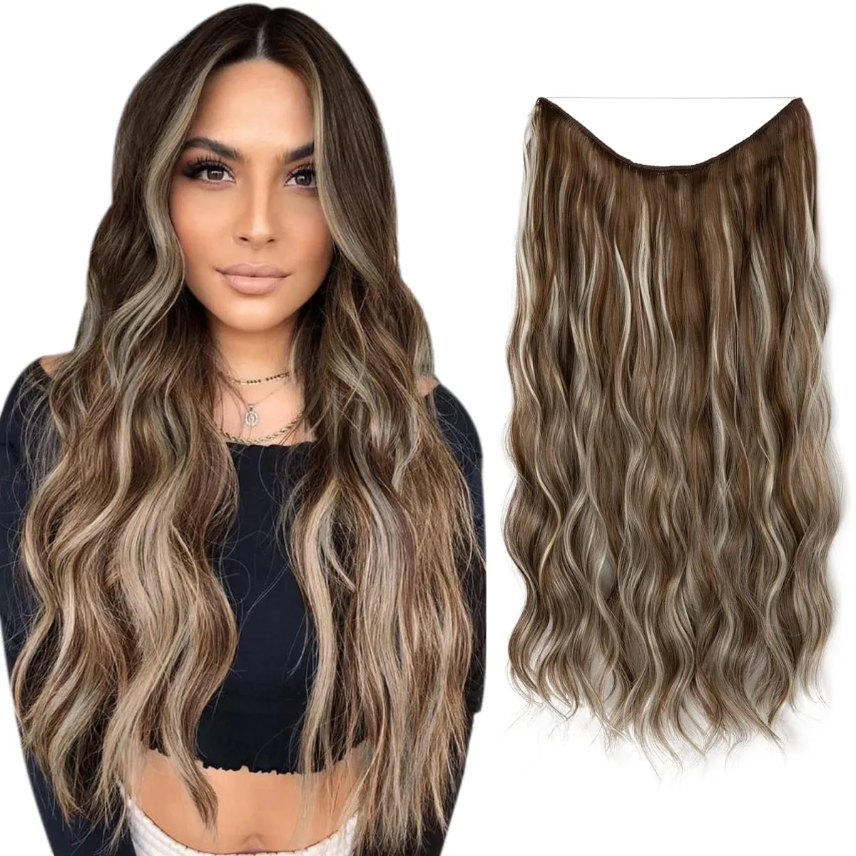 Fio invisível ondulado sintético com clipes, extensão de cabelo, linha de peixe, loiro natural, clipe em peça de cabelo falso