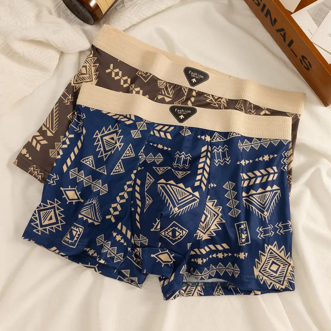 Men's Boxer Retro Ethnic Style Comfortable Smooth Fabric Briefs Vintage Print Elastic Underwear for Man Lingerie Flat Underpants