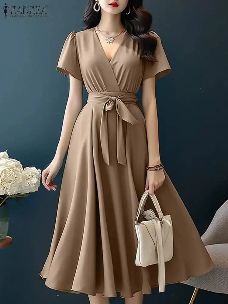 2024 Elegant Short Sleeve A-line Dresses Women Fashion Solid Color Holiday Belted Vestidos Casual V Neck Midi Sundress