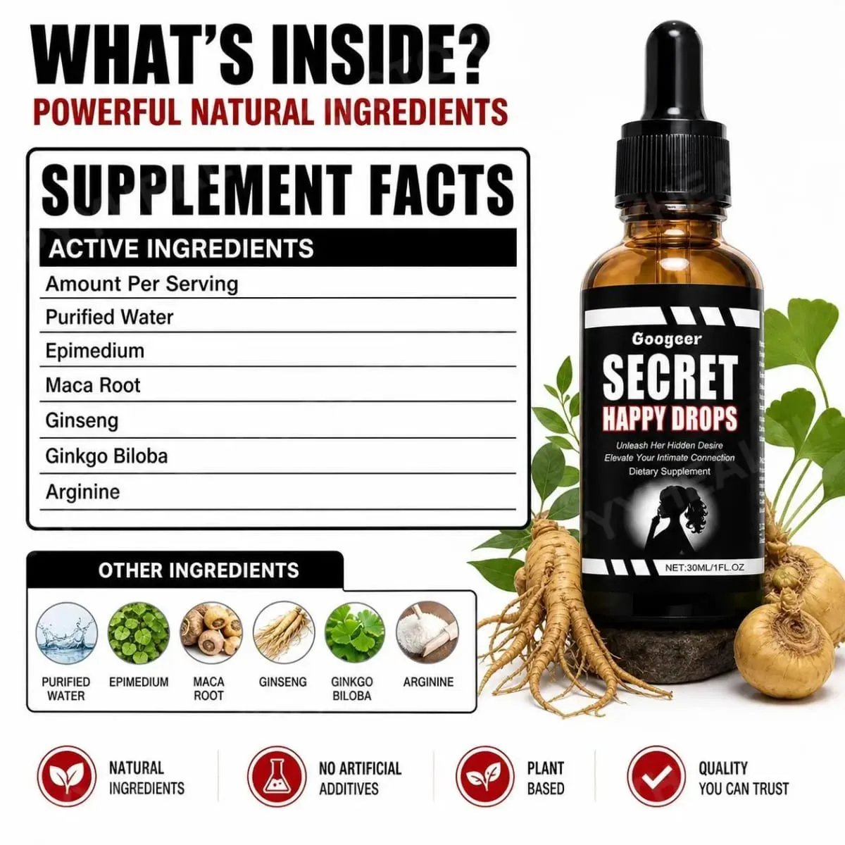 Googeer segredo feliz gotas orais ervas epimedium maca raiz ginseng ginkgo biloba suporte circulação sanguínea intimidade 30 ml