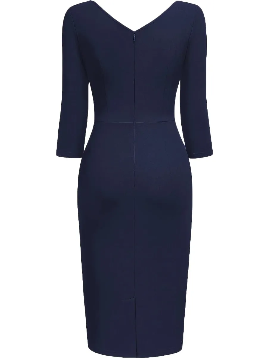 Women Vintage 2/3 Sleeve Deep V-Neck Ruched Slim Knee Length Cocktail Party Wrap Sheath Bodycon Pencil Dress