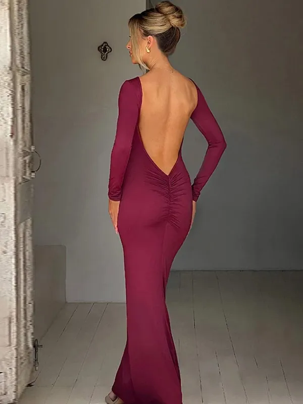 Hugcitar primavera elegante manga longa sem costas sólido cuched sexy bodycon maxi vestido de baile roupa feminina festa à noite festival y2k