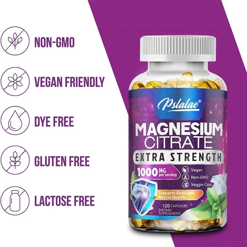 Magnesium Citrate Capsules 1000 Mg - Maximum Absorption for Muscle Nerve Bone and Heart Health Gluten Free Non-GMO