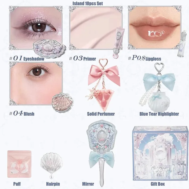 Flor sabe conchas pérola sombra essência lábio mel blush bochecha maquiagem frente oceano caixa de presente kit maquiagem profissional completo