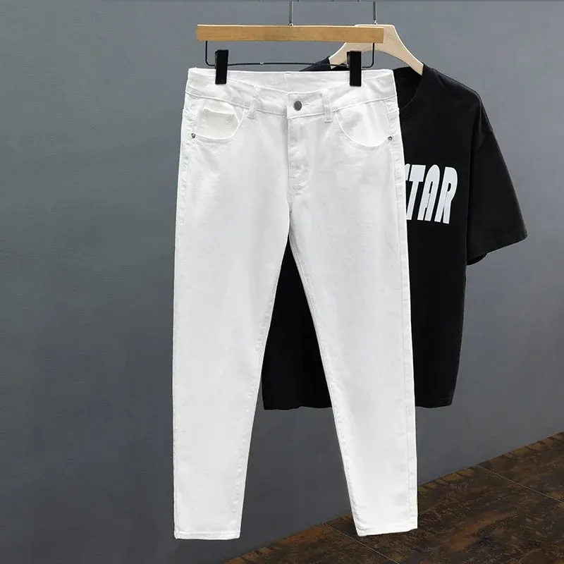 Calças de brim masculinas de ajuste fino primavera verão fino algodão macio elástico na moda tornozelo comprimento calças retas coreano simples denim