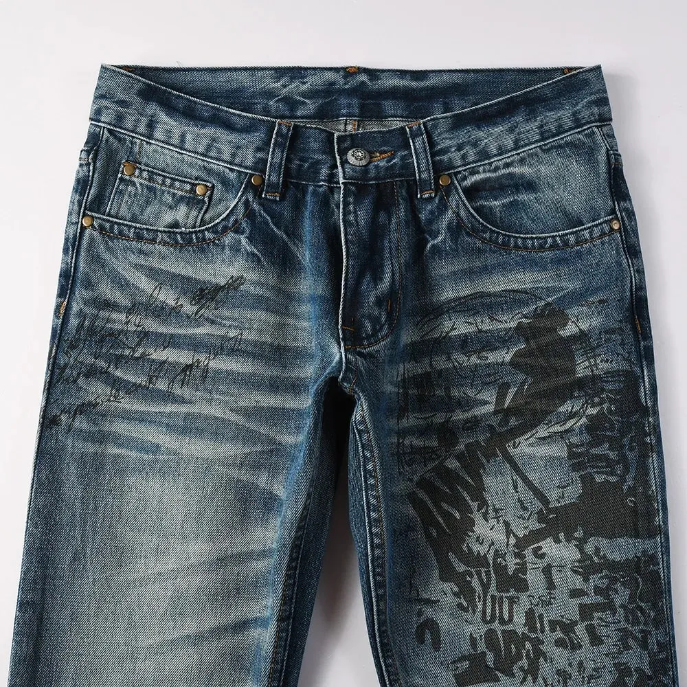 Calça jeans masculina com corte de bota slim, calça azul stretch, calça comprida com estampa de alta qualidade