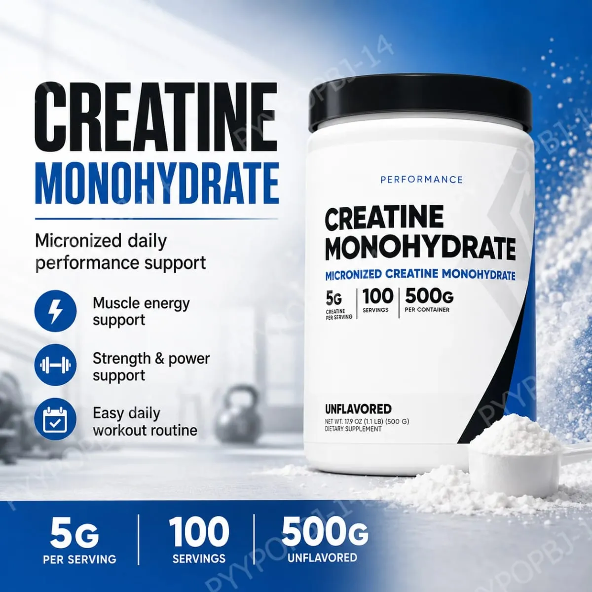 Pó micronizado de creatina monohidratada sem sabor 5g por porção 100 porções, força muscular, suporte de energia 500g