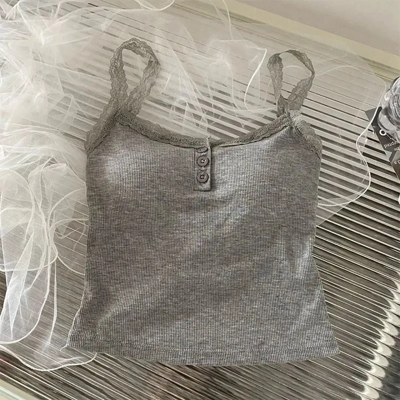 夏季蕾絲肩帶拼布吊帶背心女款純色無袖扣背心