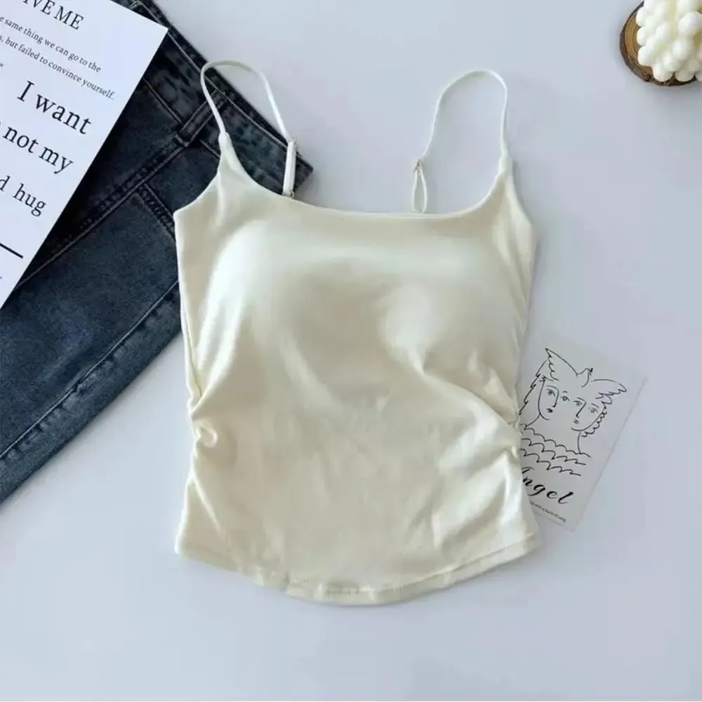 Feminino cor sólida alças de espaguete sem mangas camisola fina com almofada no peito moda feminina verão topo vestindo dentro e fora
