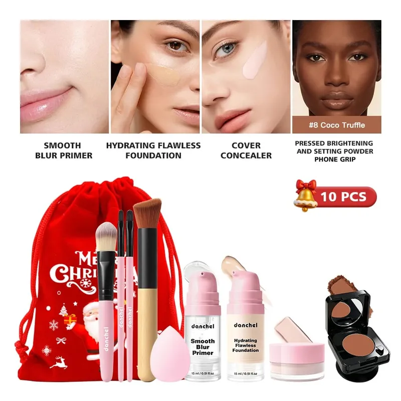 10 pçs conjunto de maquiagem primer fundação corretivo configuração pó pincéis de maquiagem beleza esponja rosto cheio kit cosméticos presente natal