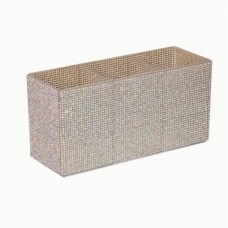 Organizador de pincéis de maquiagem com strass brilhante, com 3 compartimentos, pincéis de maquiagem de grande capacidade, batom, caixa de armazenamento de ferramentas cosméticas