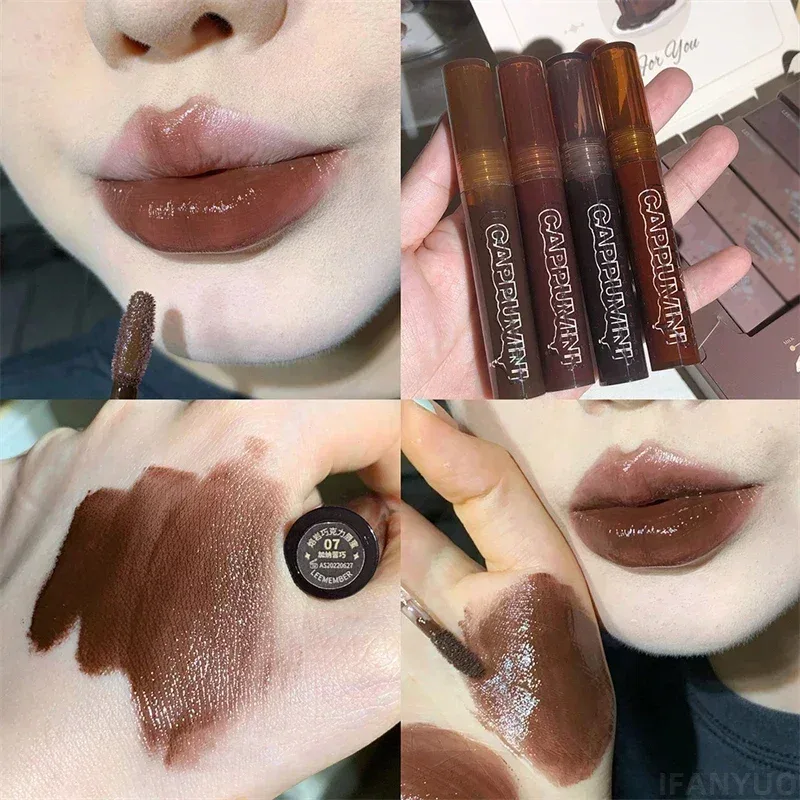 Espelho aguado chocolate brilho labial longa duração hidratante cristal geléia lábio matiz batom natureza nude lábios maquiagem cosméticos