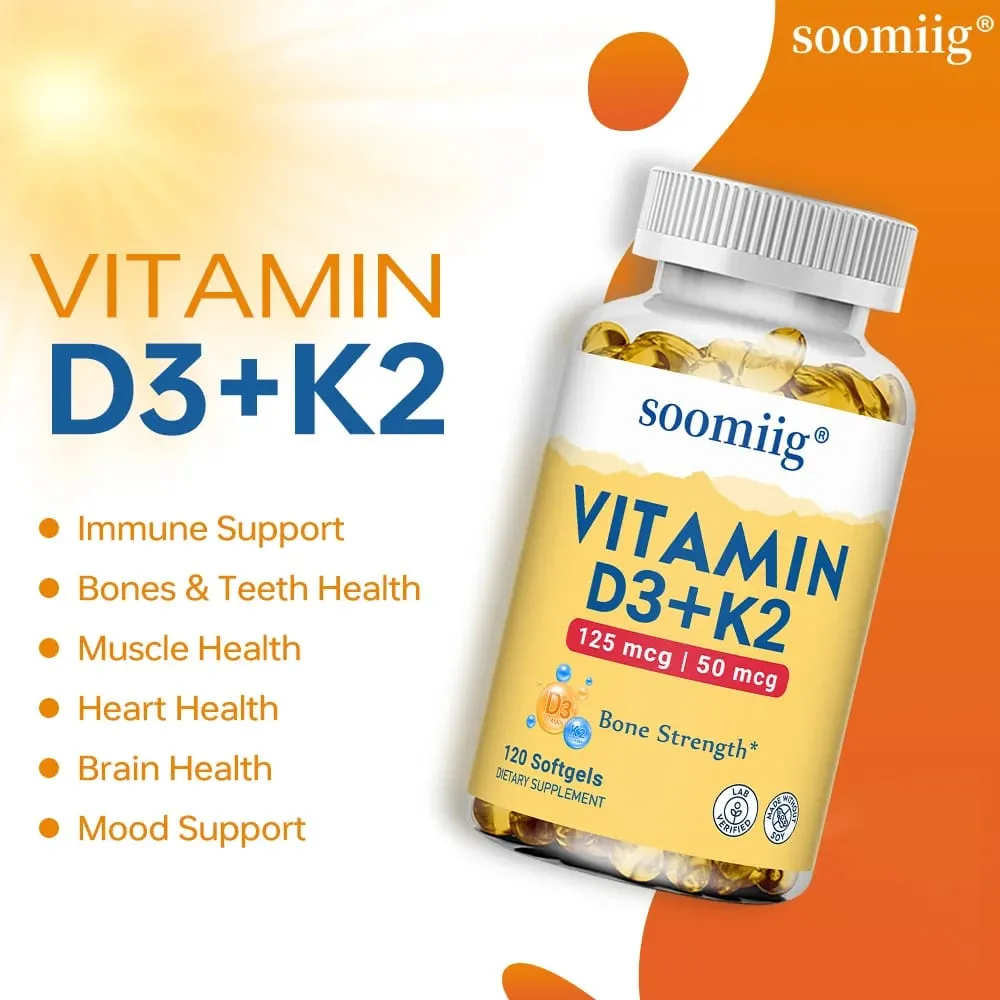 Cápsulas de vitamina D3 + K2 5000IU 120pcs Suplemento vegano de suporte ósseo e imunológico para precisão óssea e saúde geral