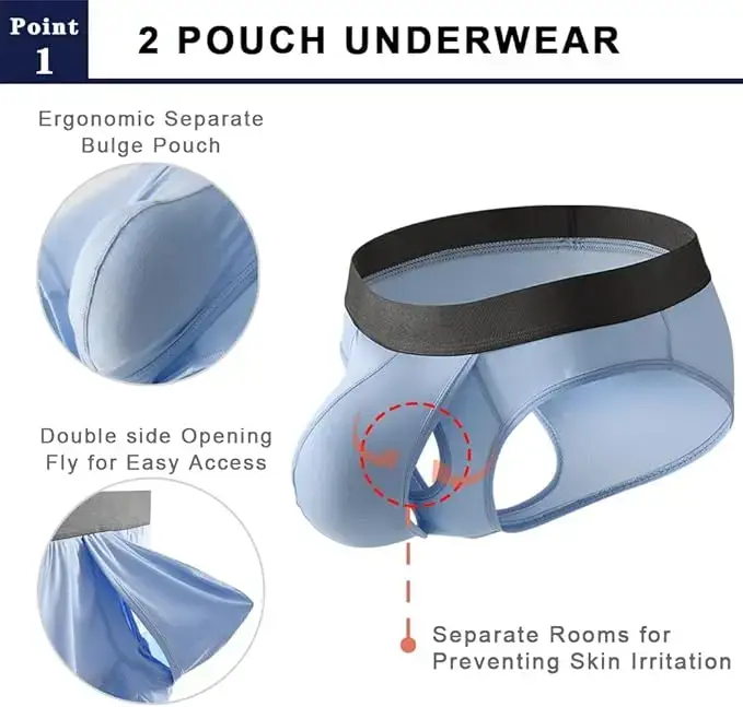 Cueca boxer masculina de fibra de bambu, bolsa com mosca, frente aberta, respirável, roupa íntima, bolsa separada, bolsa dupla, cueca