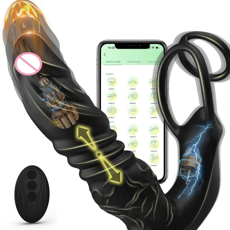 Vibrador de impulso de anel duplo telescópico, massageador de próstata masculino 5 em 1, plugue vibratório, brinquedo sexual adulto masculino