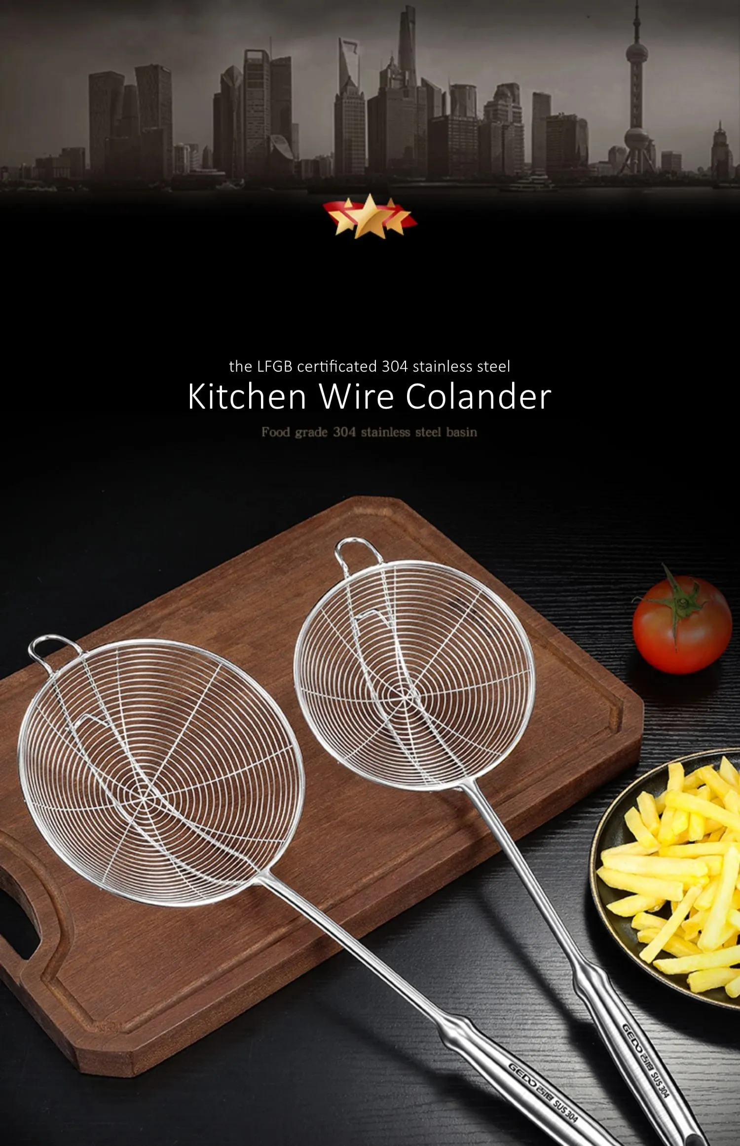 Certificação LFGB 304 Coador de Cozinha em Aço Inoxidável Ultra Durável Peneira de Fio 14 ~ 18cm de Diâmetro Fritura Scooping Tool