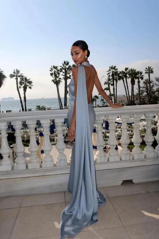 Ribbon Hanging Neck Long Dresses Slanted Shoulder Lace Up Backless Silky Satin Temperament Slim Fit Halter Woman Fishtail Dress