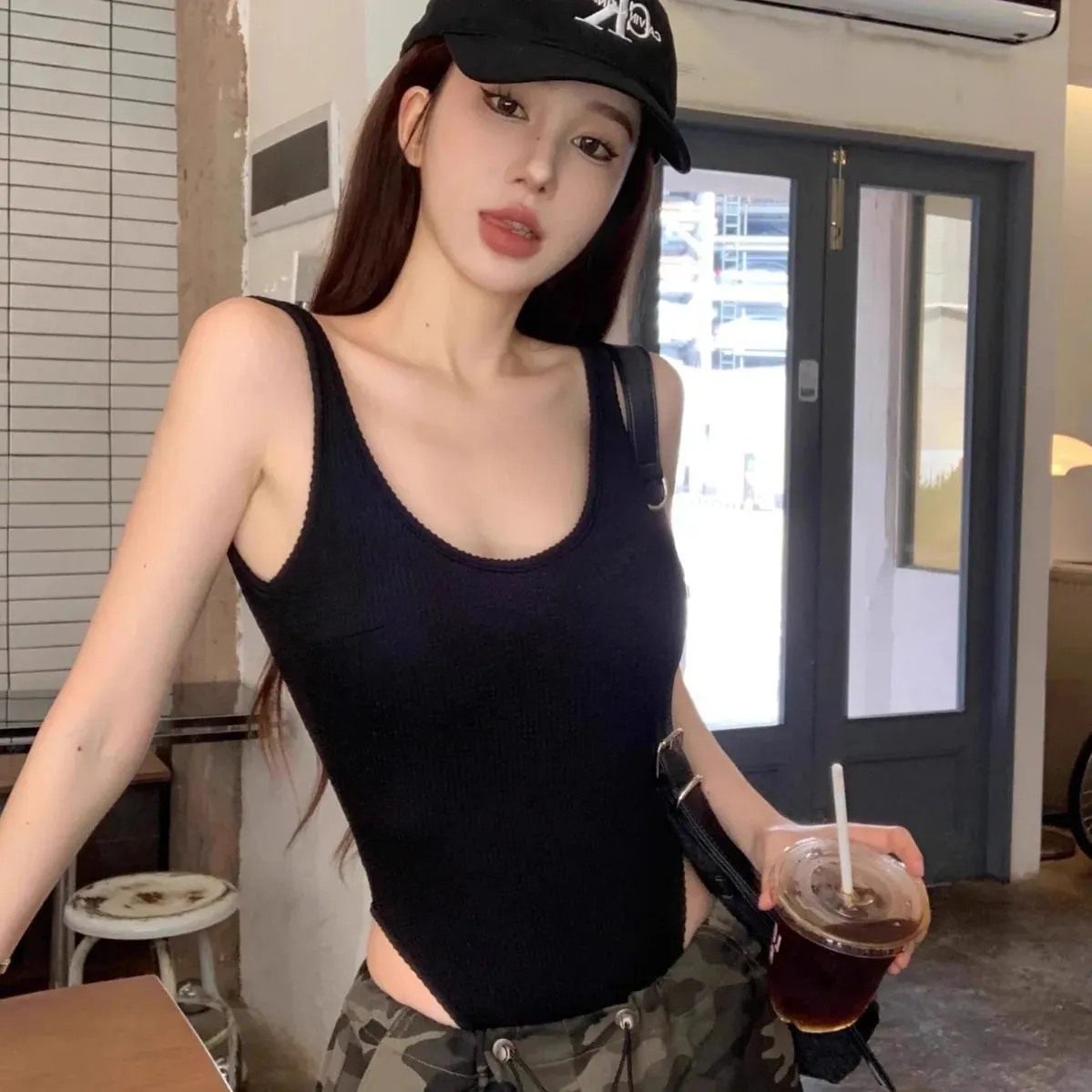黑色吊帶連身衣性感露背羅紋連身衣連衣繩女性感無袖背心手套連身衣身體女