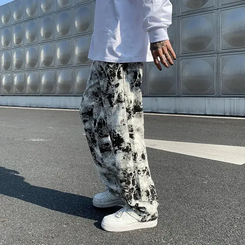Calças de brim impressas unissex cintura elástica primavera 2025 esfregar calças jeans moda masculina estilo coreano alta rua solta calças hip hop