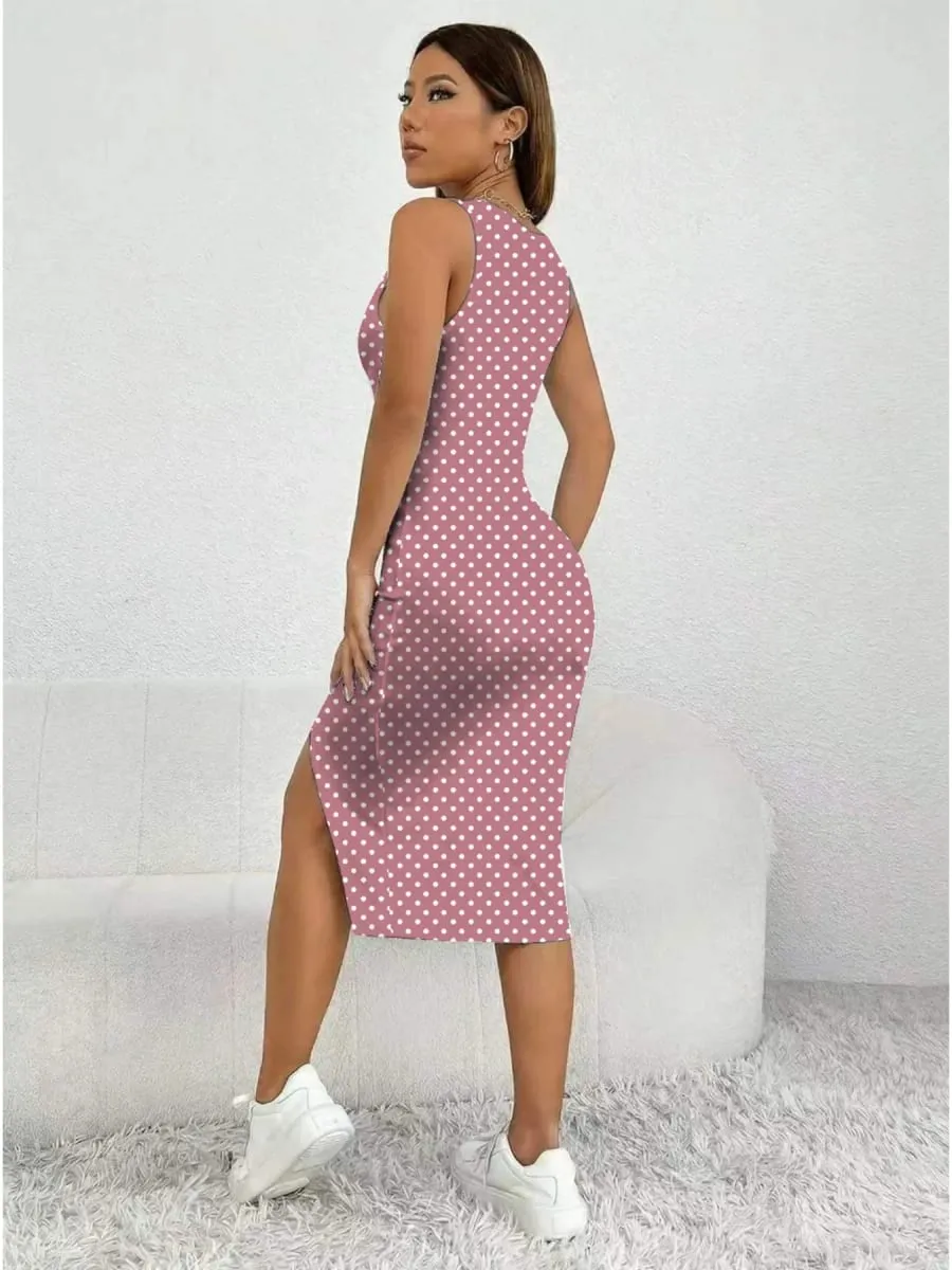 Vestido feminino casual elegante com alça grossa, gola quadrada, sem mangas, estampa de bolinhas, saia de comprimento médio — image 2