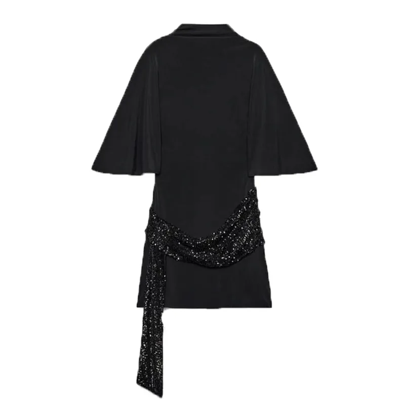 Mulheres lantejoulas retalhos vestido elegante manga larga sem costas mini vestidos nova moda festa de noite magro senhora outfits
