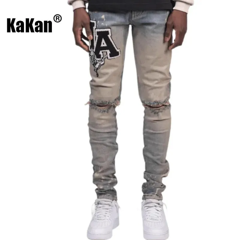 Kakan - Novo jeans masculino azul slim fit com remendo Y2k com design estampado jeans longo marca masculina — image 2