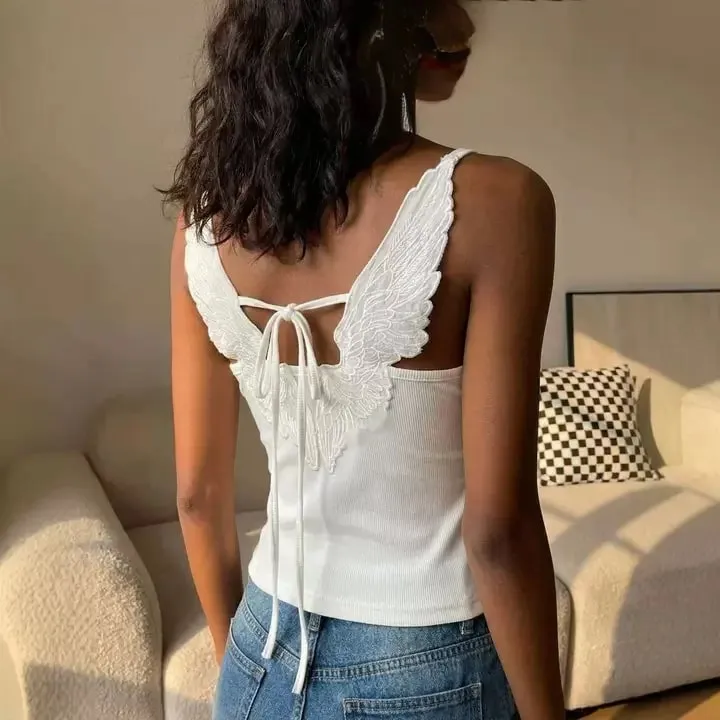 Asas de ângulo branco bordado camis y2k sexy sem mangas sem costas gravata borboleta colete fino mulher verão regata