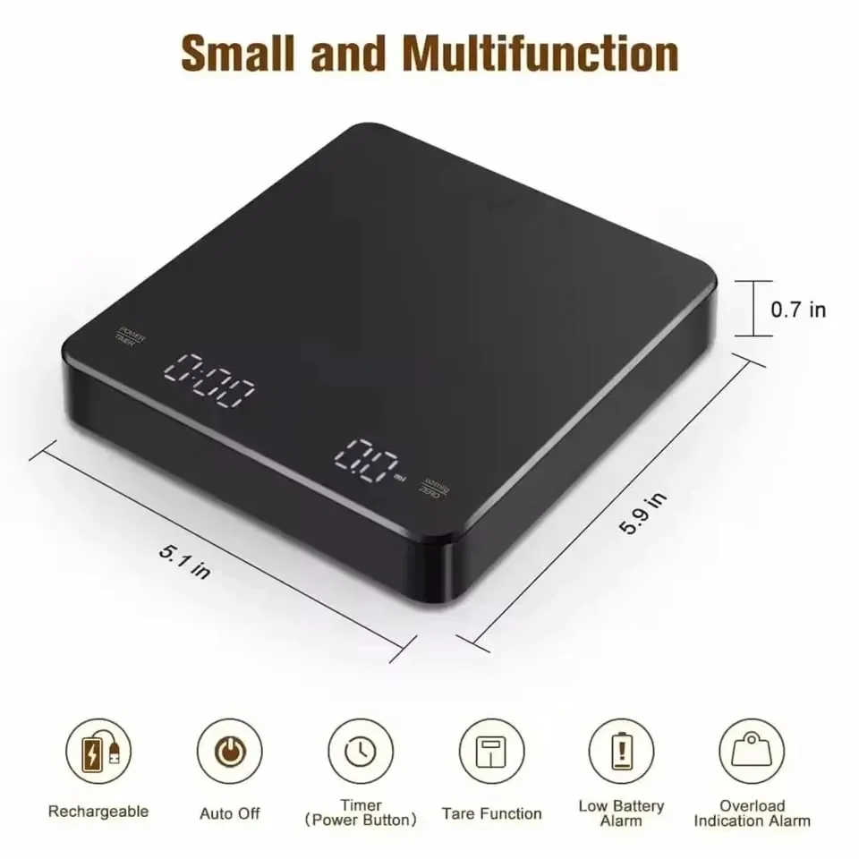 Balança de café expresso digital recarregável USB com temporizador Tela LED 3kg 0,1g Balança de cozinha de precisão Suporte para conversão de unidade g oz ml
