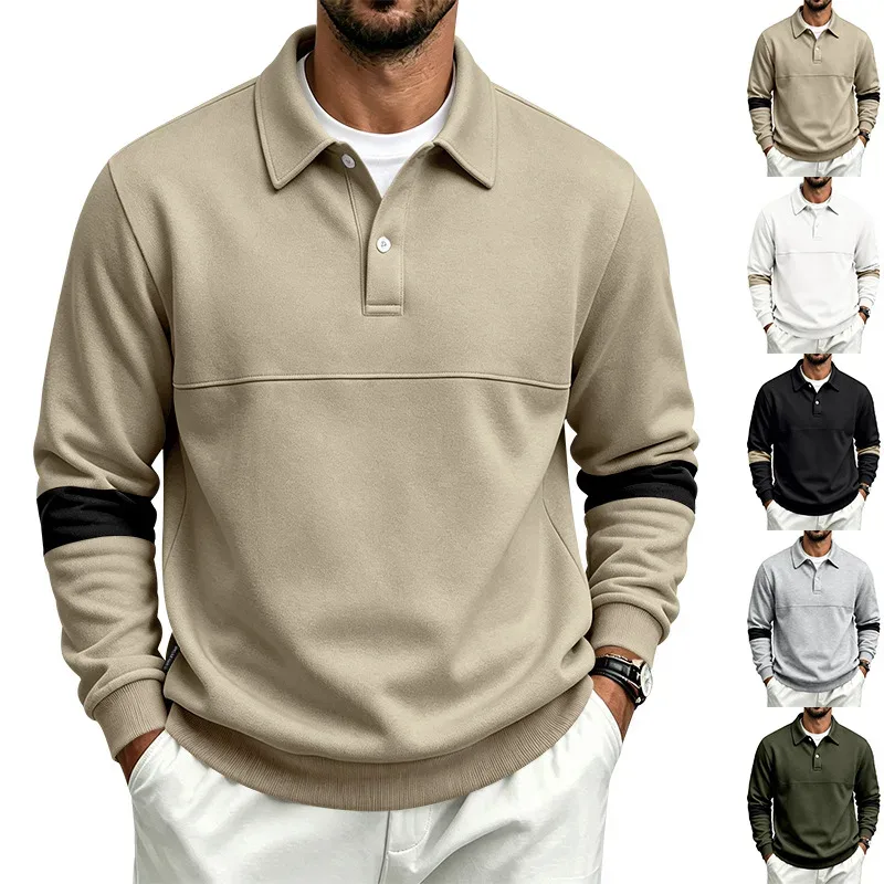 Men Lapel Polo Sweatshirt, Color Block Long Sleeve Pullover, Loose Solid Casual Top for Spring Autumn Daily Outfit