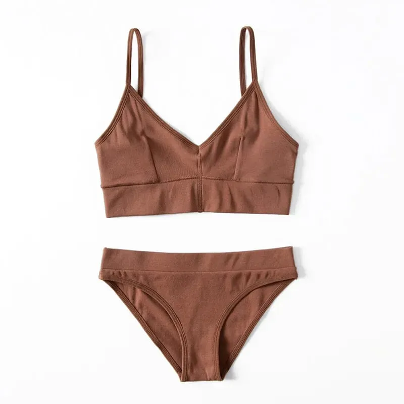 Conjunto de bralette feminino sem fio com nervuras, cor sólida, alça fina, sutiã e cuecas triangulares, lingerie