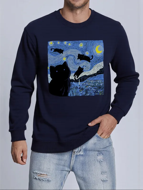 Van Gogh Starry Night Cat Printed Pullovers Unisex Thicken All-Match Sweatshirt Hip Hop Loose Hoodie Autumn Casual Sweatshirts