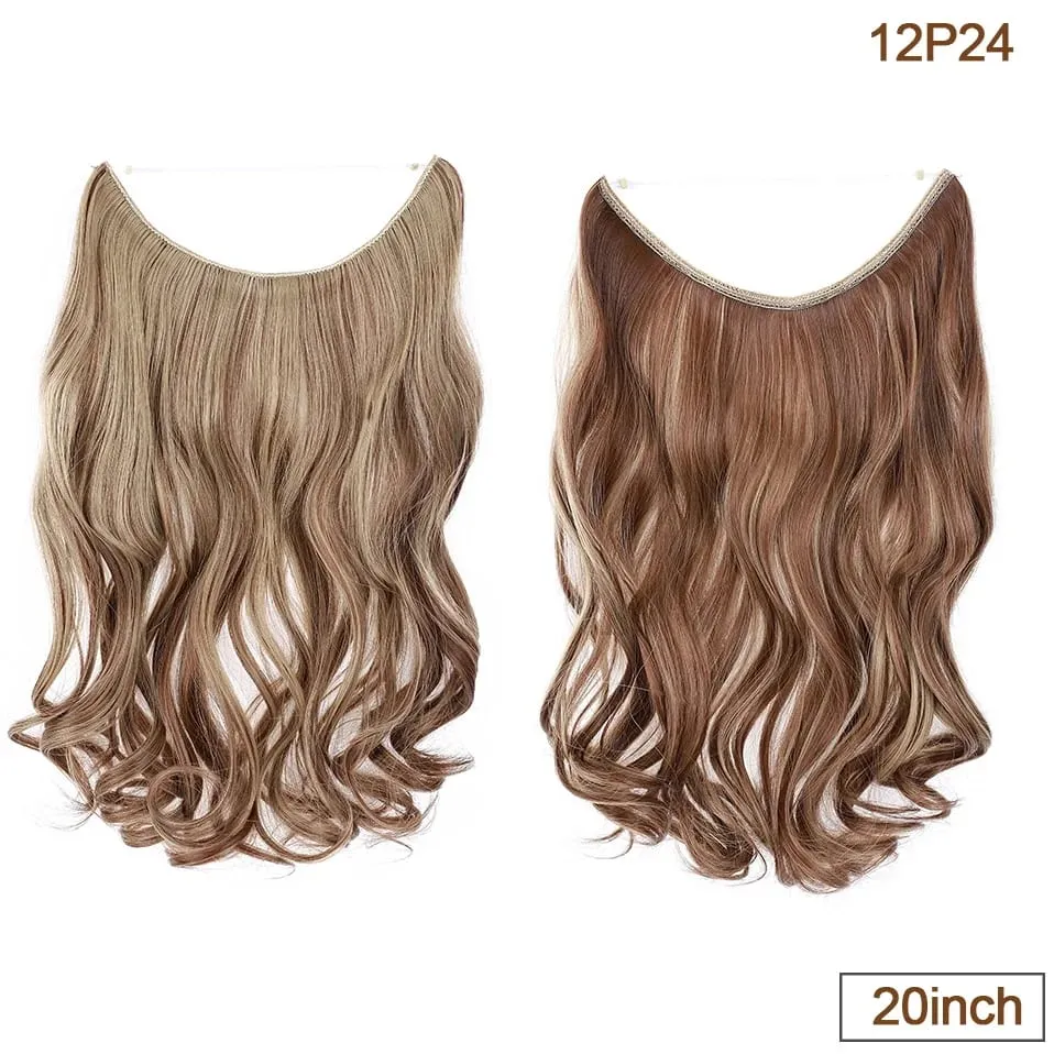 Extensões de cabelo de fio invisível sintético fio transparente ajustável longo ondulado encaracolado secreto hairpiece 20 Polegada para mulher